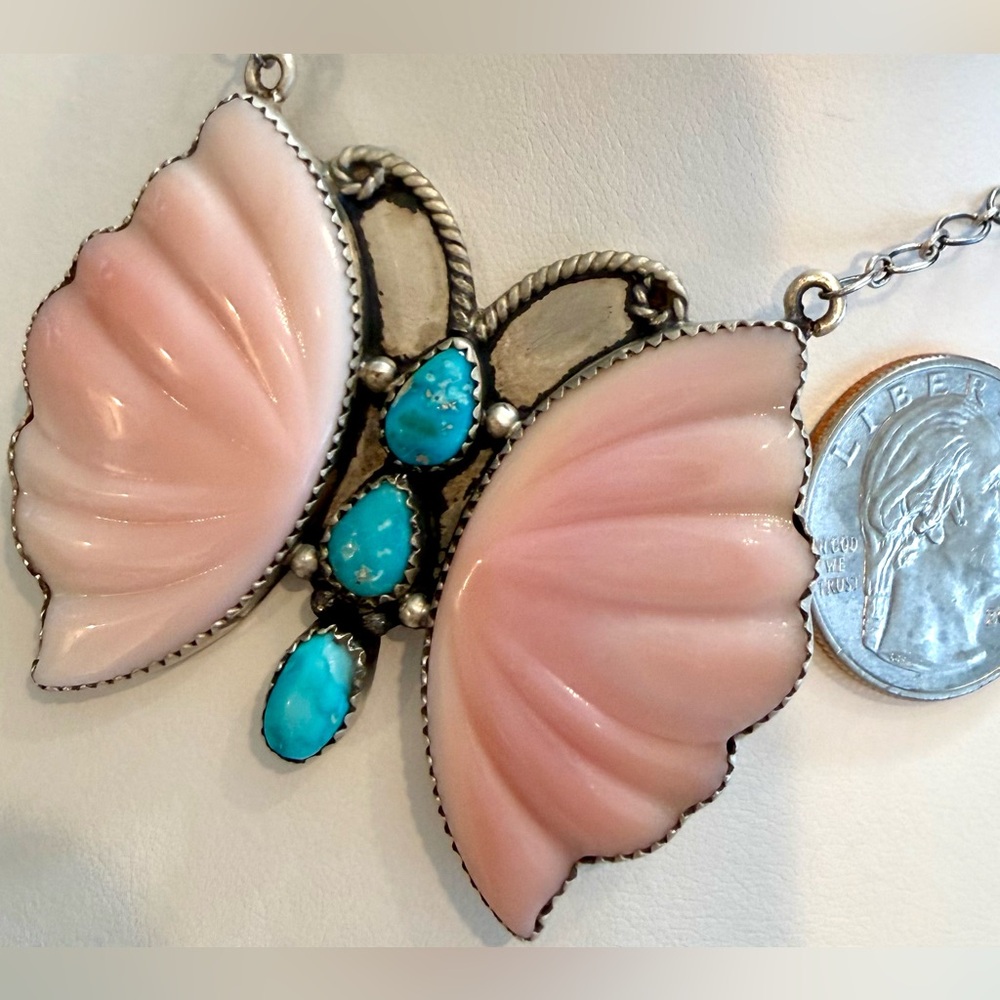 NQC545 GIANT Puffy Butterfly QueenPinkConch & Blue Ridge TURQUOISE Necklace S925 - Picture 5 of 11